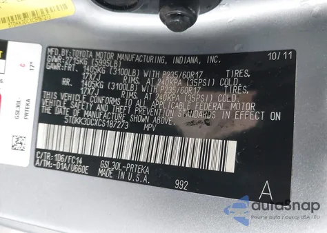 2012 Toyota Sienna Le V6 8 Passenger from USA, damaged, VIN 5TDKK3DCXCS187273